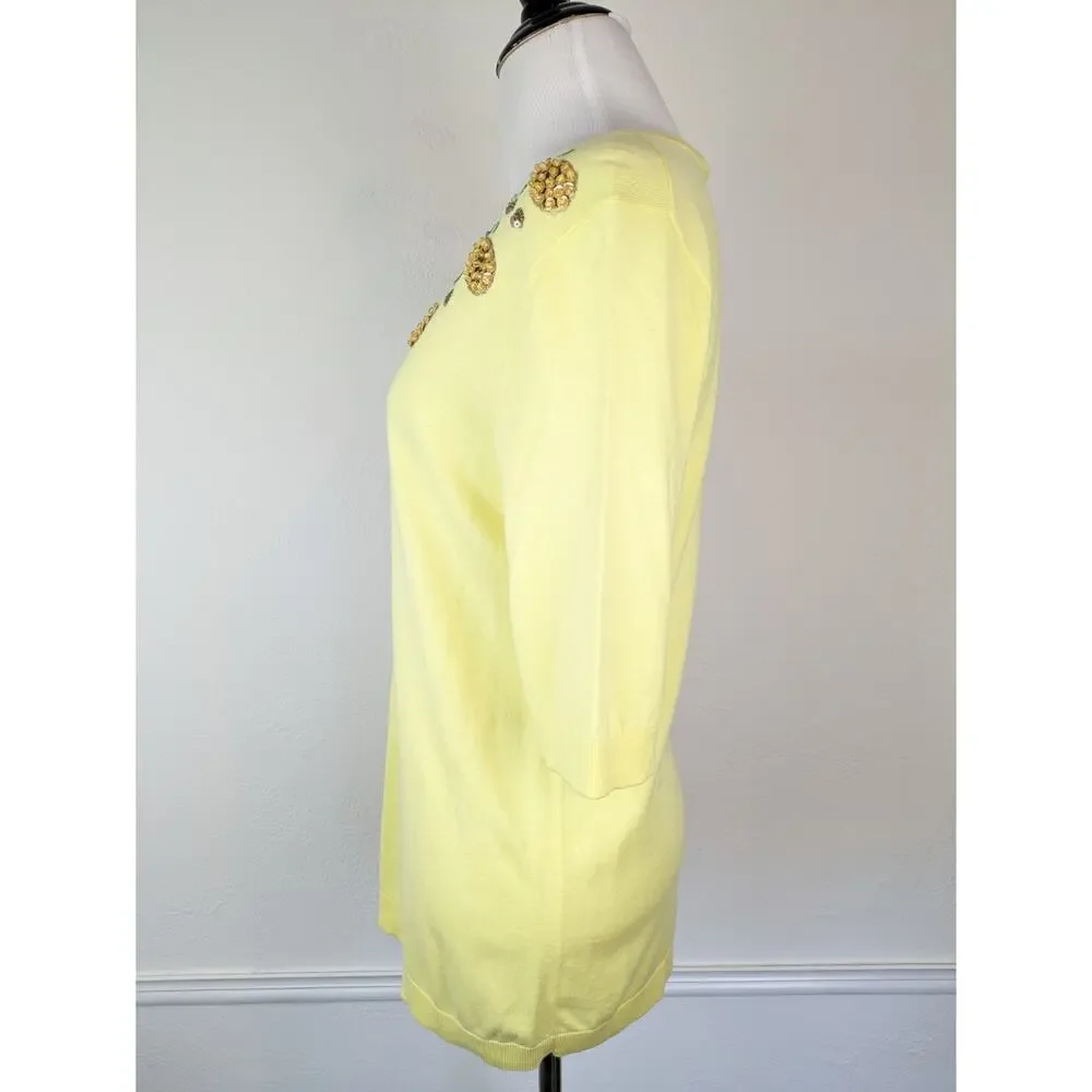 Talbots Sweater Pineapple Beaded Sequins Spring Summer Yellow Novelty Size M